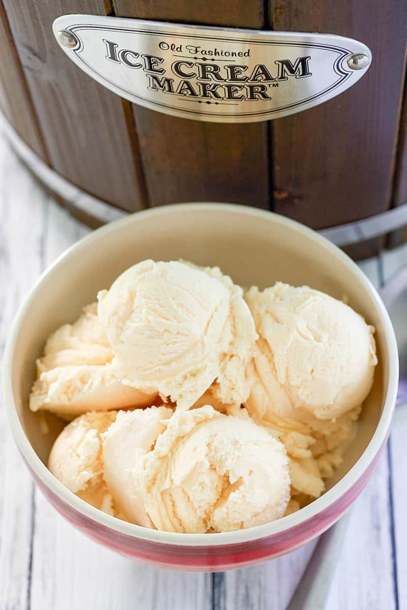 homemade French vanilla ice cream and an ice cream machine.