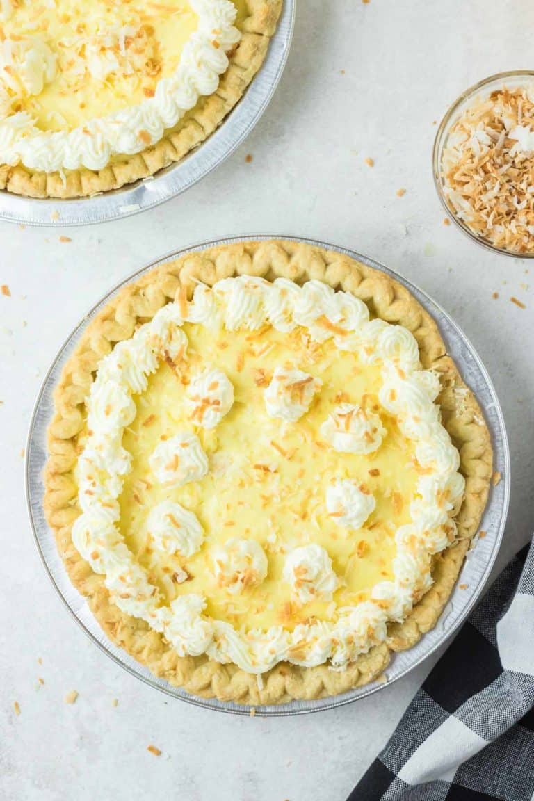 overhead view of copycat Marie Callender's coconut cream pies.