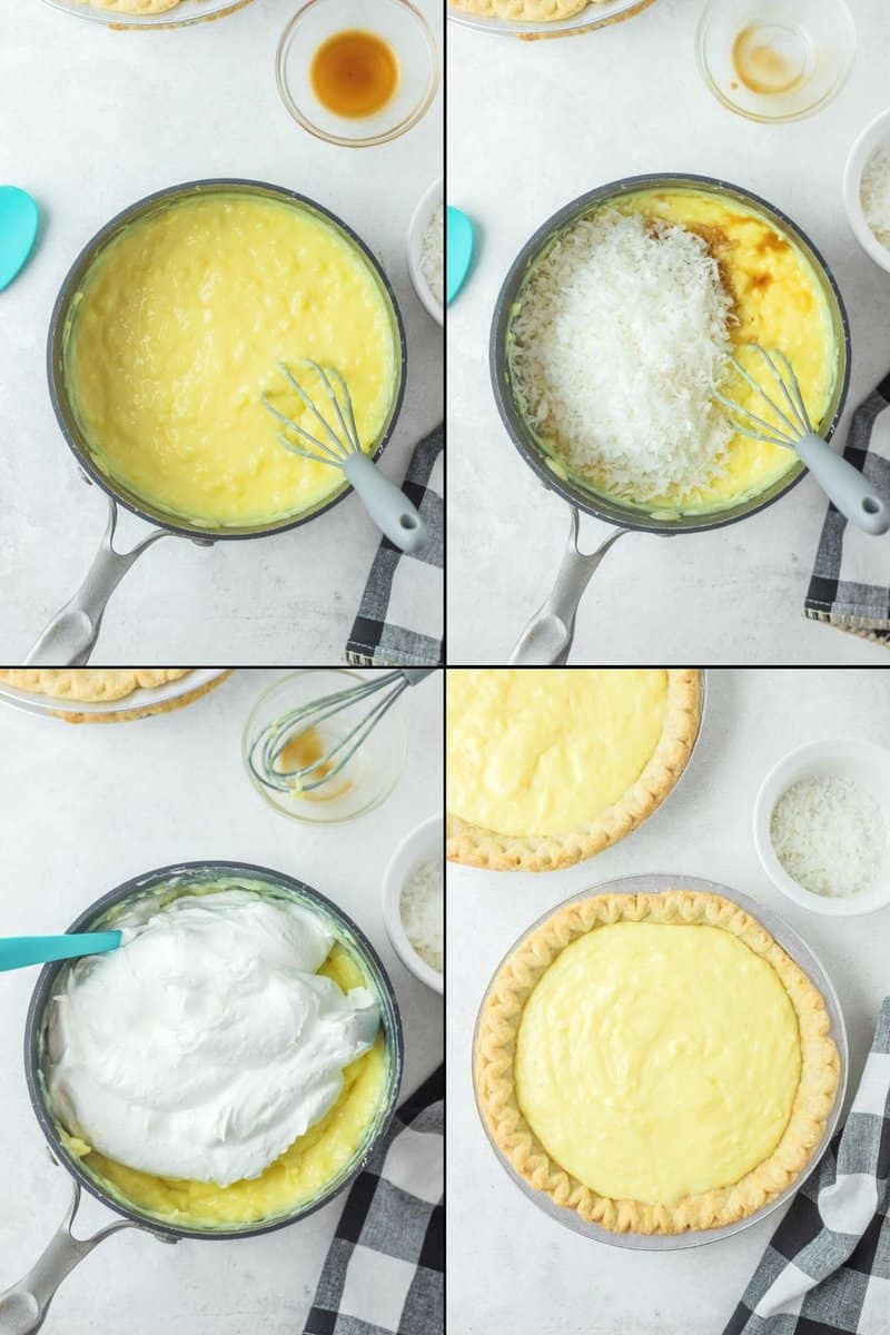 collage of Marie Callender's coconut cream pie recipe steps 1-4.