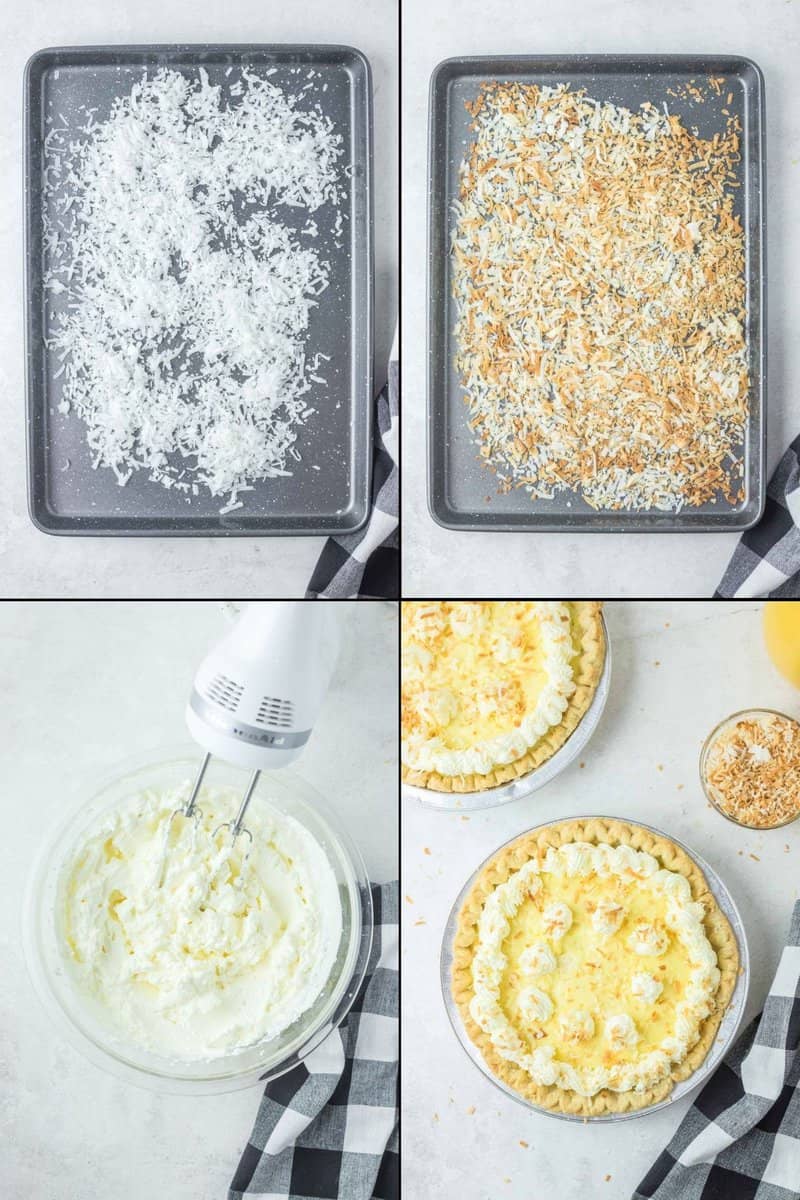 collage of Marie Callender's coconut cream pie recipe steps 5-8.