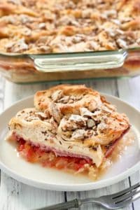 reuben casserole on a plate in front of the casserole dish.
