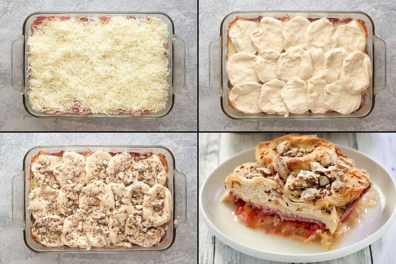 collage of reuben casserole recipe steps 5 to 8.
