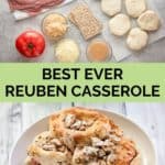 reuben casserole ingredients and a serving of it on a plate.