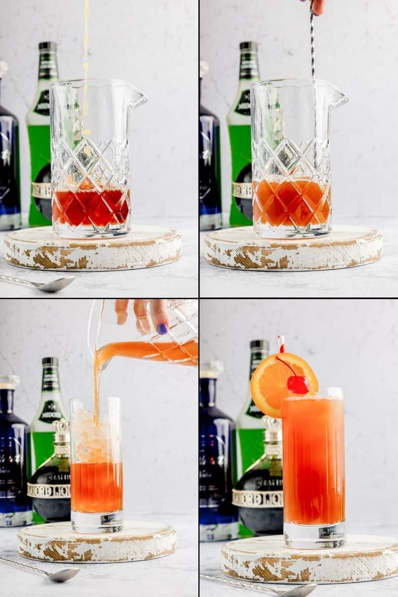 collage of sex on the beach drink recipe steps 5 thru 8.