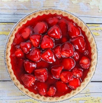 overhead view of a whole copycat Shoney's strawberry pie.