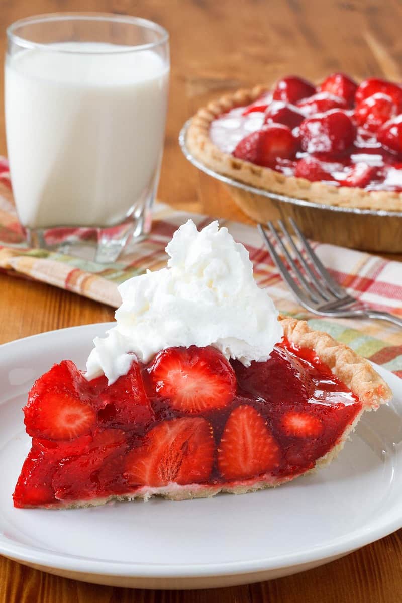 copycat Shoney's strawberry pie slice and a glass of milk.