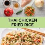 Ingredientes de arroz frito con pollo tailandés y el plato terminado.