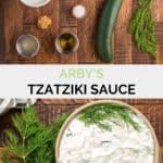 Arby's tzatziki sauce ingredients and the sauce in a bowl.
