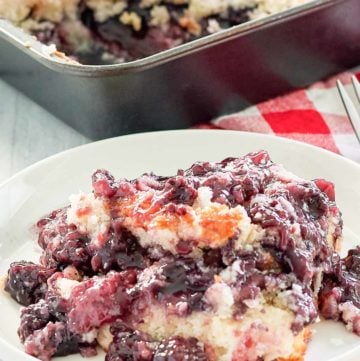 blackberry cobbler on a plate and in a baking pan.