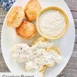 overhead view of homemade Cracker Barrel sawmill gravy and biscuits.
