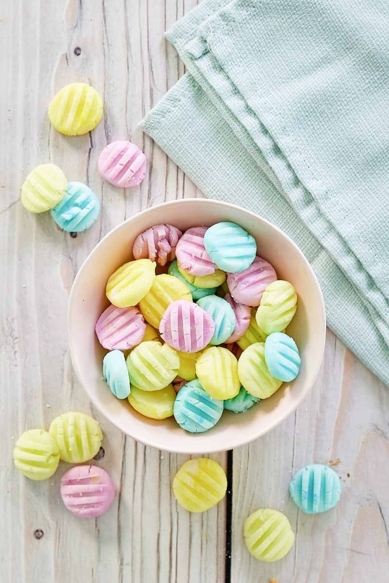 overhead view of homemade pastel cream cheese mints.