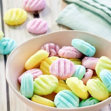 homemade cream cheese mints in a bowl.