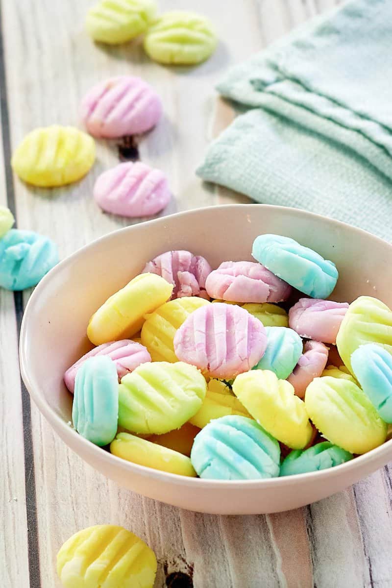 homemade cream cheese mints in a bowl.