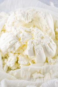 homemade cream cheese after draining.