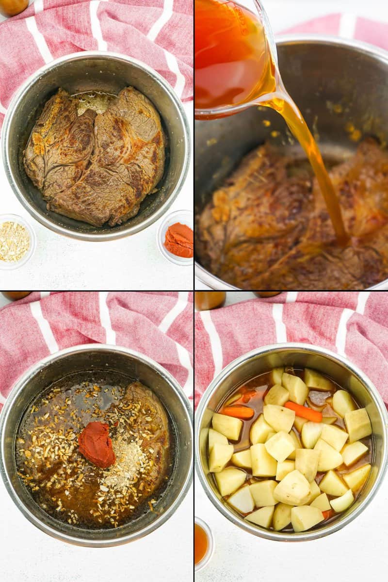 collage of recipe steps for Instant Pot pot roast.