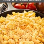closeup of homemade Grand Lux Cafe macaroni and cheese skillet side dish.