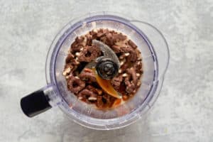 blended ice cream, caramel, and chocolate pretzels in a blender.