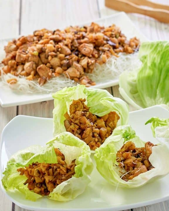 the copycat PF Chang's chicken lettuce wraps on a plate.