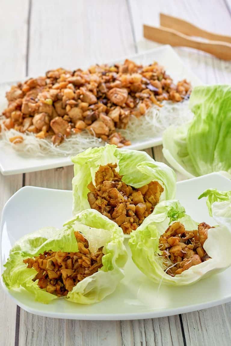 the copycat PF Chang's chicken lettuce wraps on a plate.