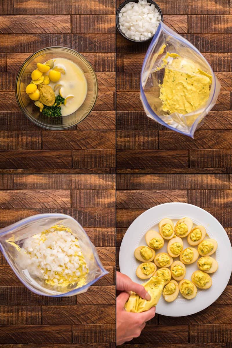 collage of smoked deviled eggs recipe steps 9 to 12