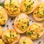 smoked deviled eggs on a platter.