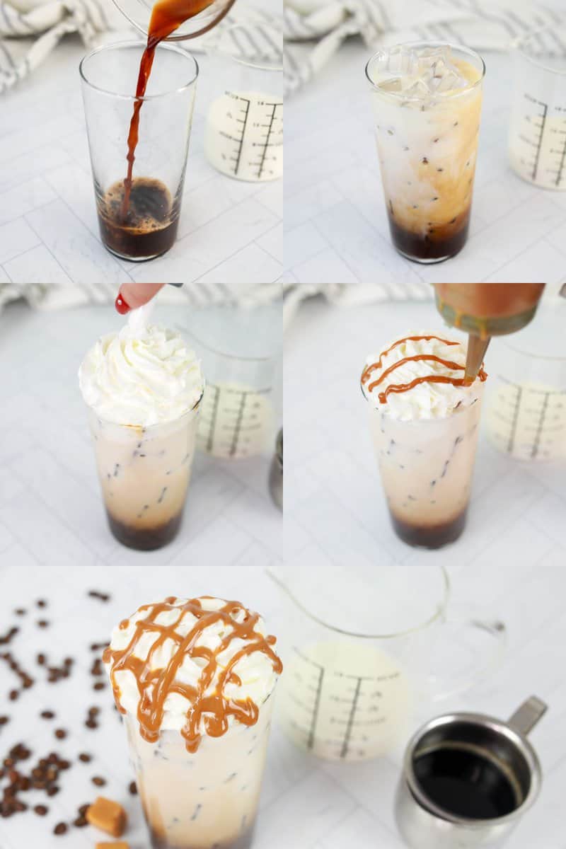 collage of Starbucks caramel macchiato recipe steps.