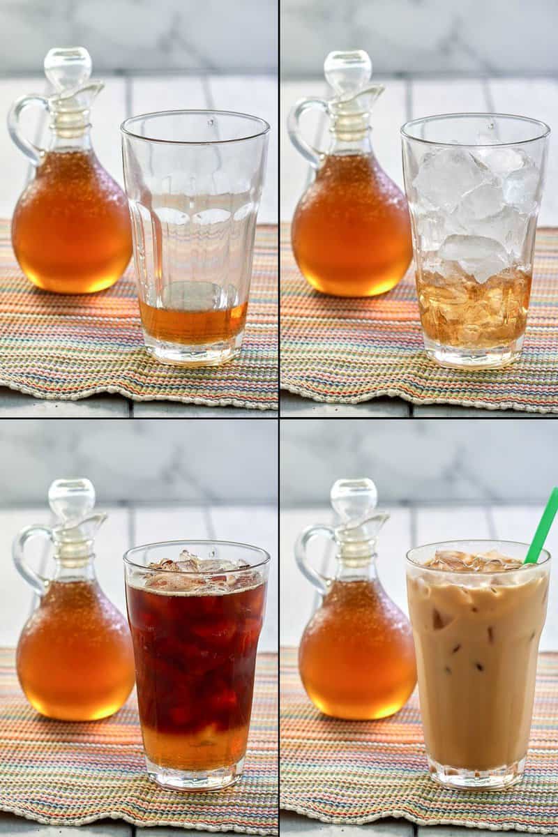 collage of steps to make a Starbucks vanilla iced coffee with cream.