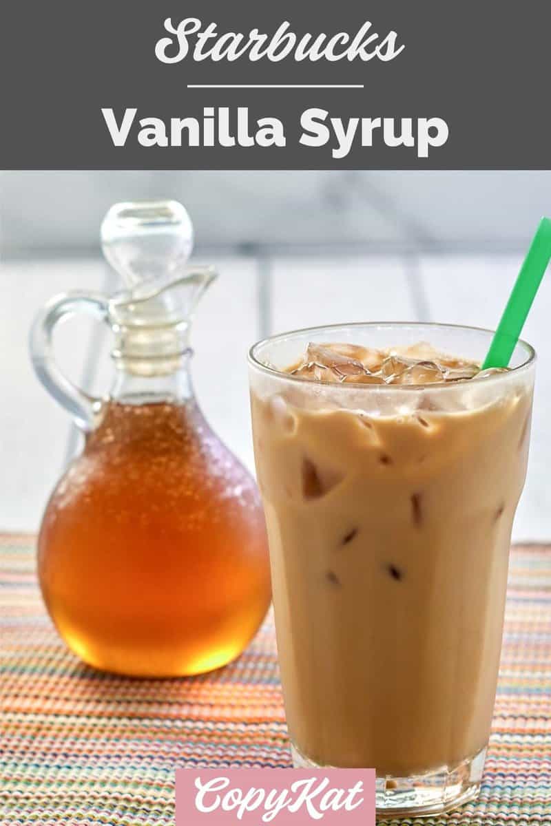 copycat Starbucks vanilla syrup in a small pitcher and an iced coffee drink.