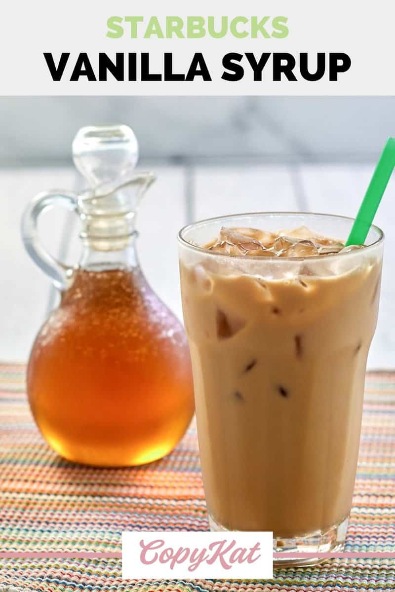 homemade Starbucks vanilla syrup in a small pitcher and an iced vanilla latte.