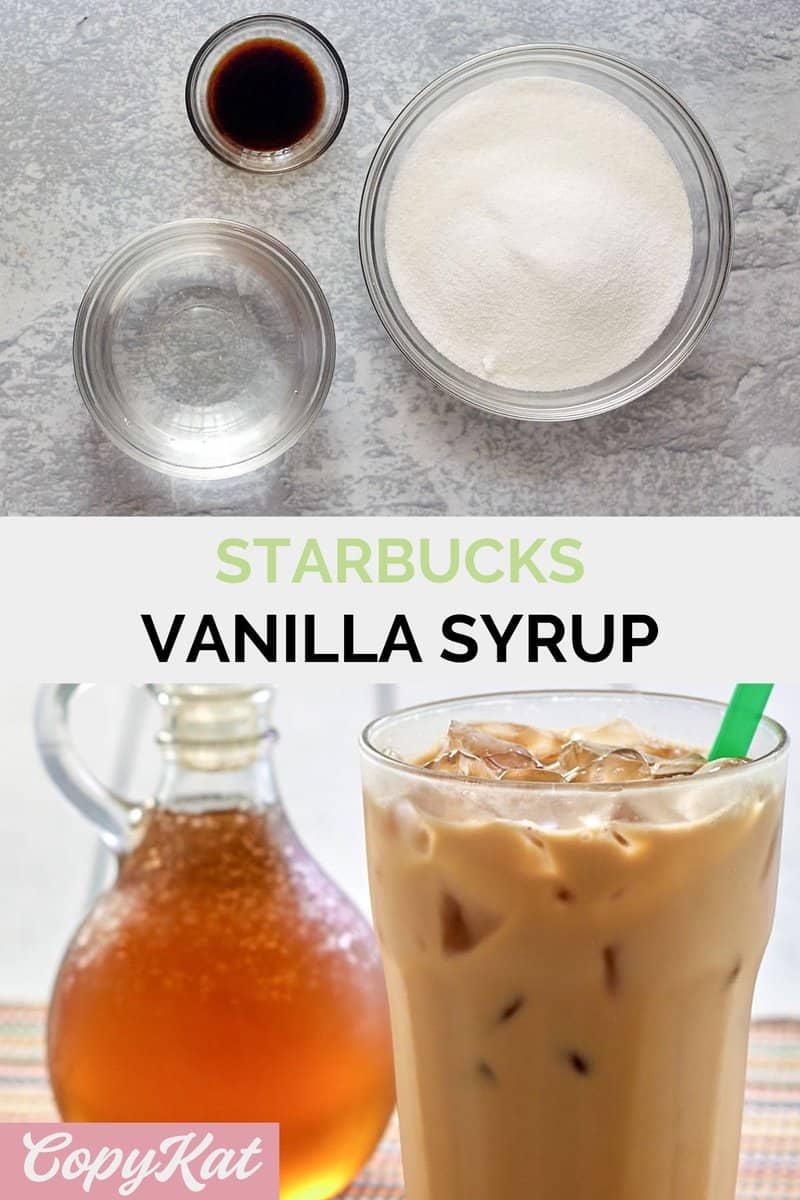 Starbucks vanilla syrup ingredients and the syrup in a pitcher.