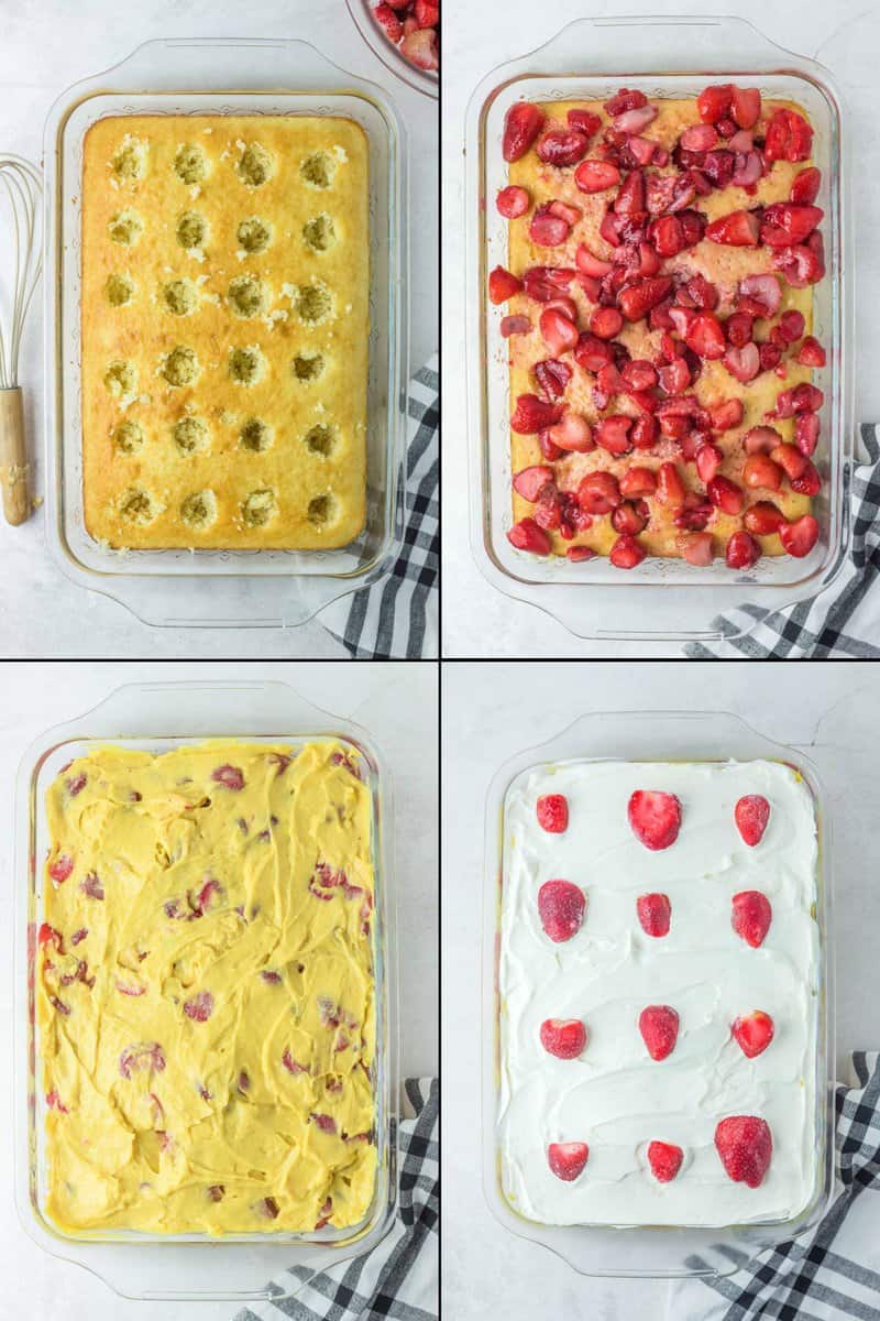 collage of strawberry poke cake recipe steps.