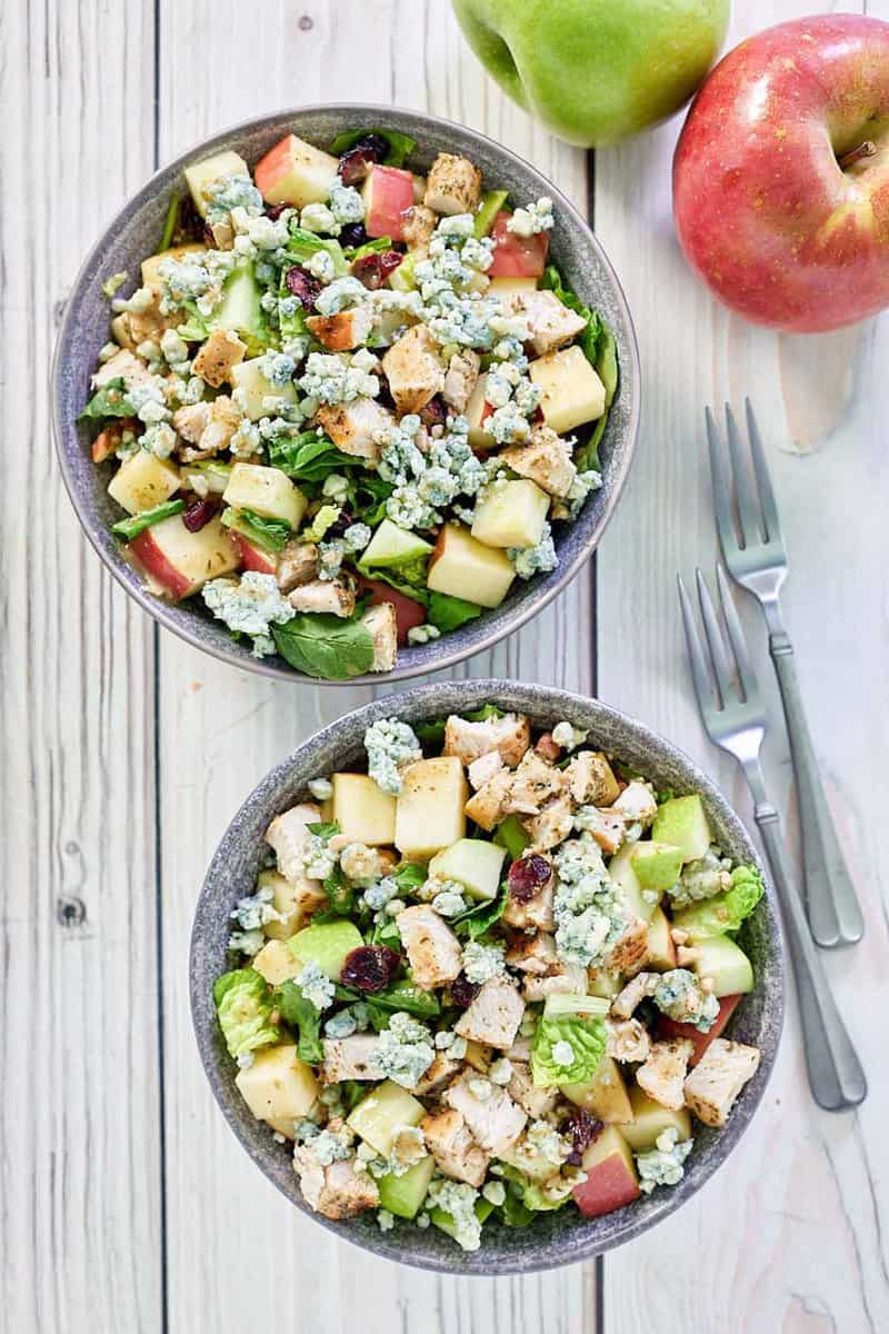 overhead view of copycat Wendy's apple pecan salad with chicken.