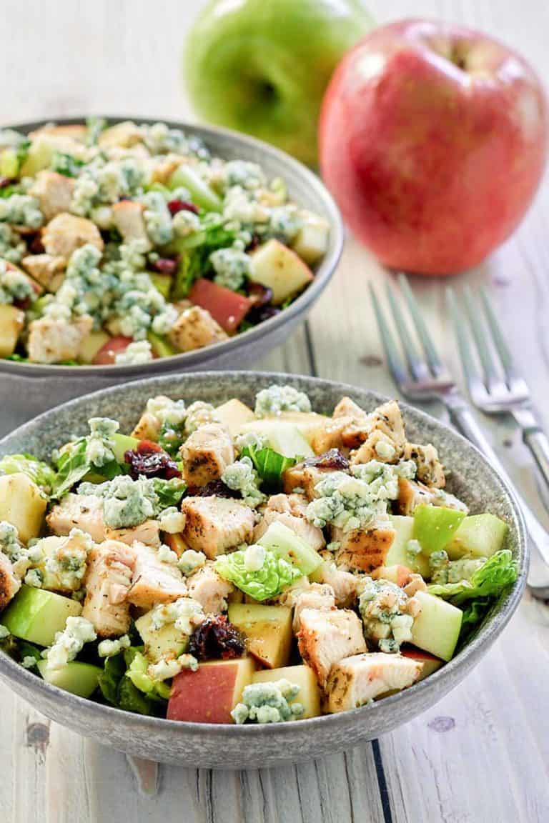 bowls of copycat Wendy's apple pecan salad with chicken.
