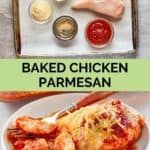 baked chicken parmesan ingredients and a serving on a plate.