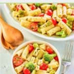 pasta salad with broccoli and tomatoes in bowls.