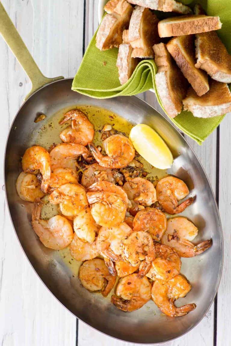 overhead view of copycat Bubba Gump shrimp in a skillet.