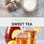 copycat chick fil a sweet tea ingredients and iced tea in glasses.