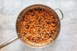 baked beans mixture in a pan before baking.