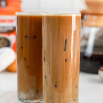 two copycat Dunkin Donuts butter pecan iced coffee drinks.