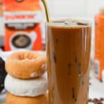 copycat Dunkin Donuts caramel iced coffee, donuts, and bag of coffee.