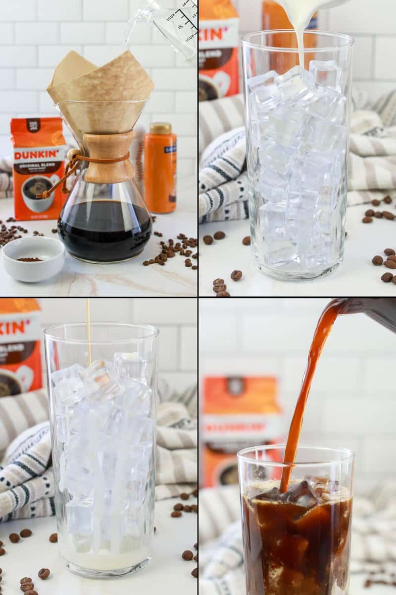 collage of dunkin donuts caramel iced coffee recipe steps.