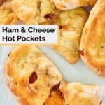 overhead view of homemade ham and cheddar cheese hot pockets.