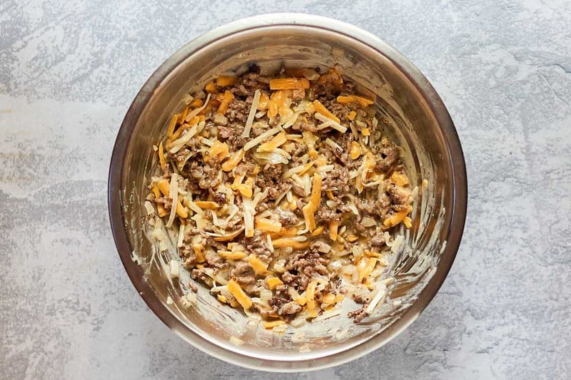 ground beef, cheese, and hashbrown mixture.