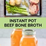beef bone broth ingredients and the broth in mason jars.