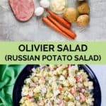 olivier salad ingredients and the salad in a bowl.