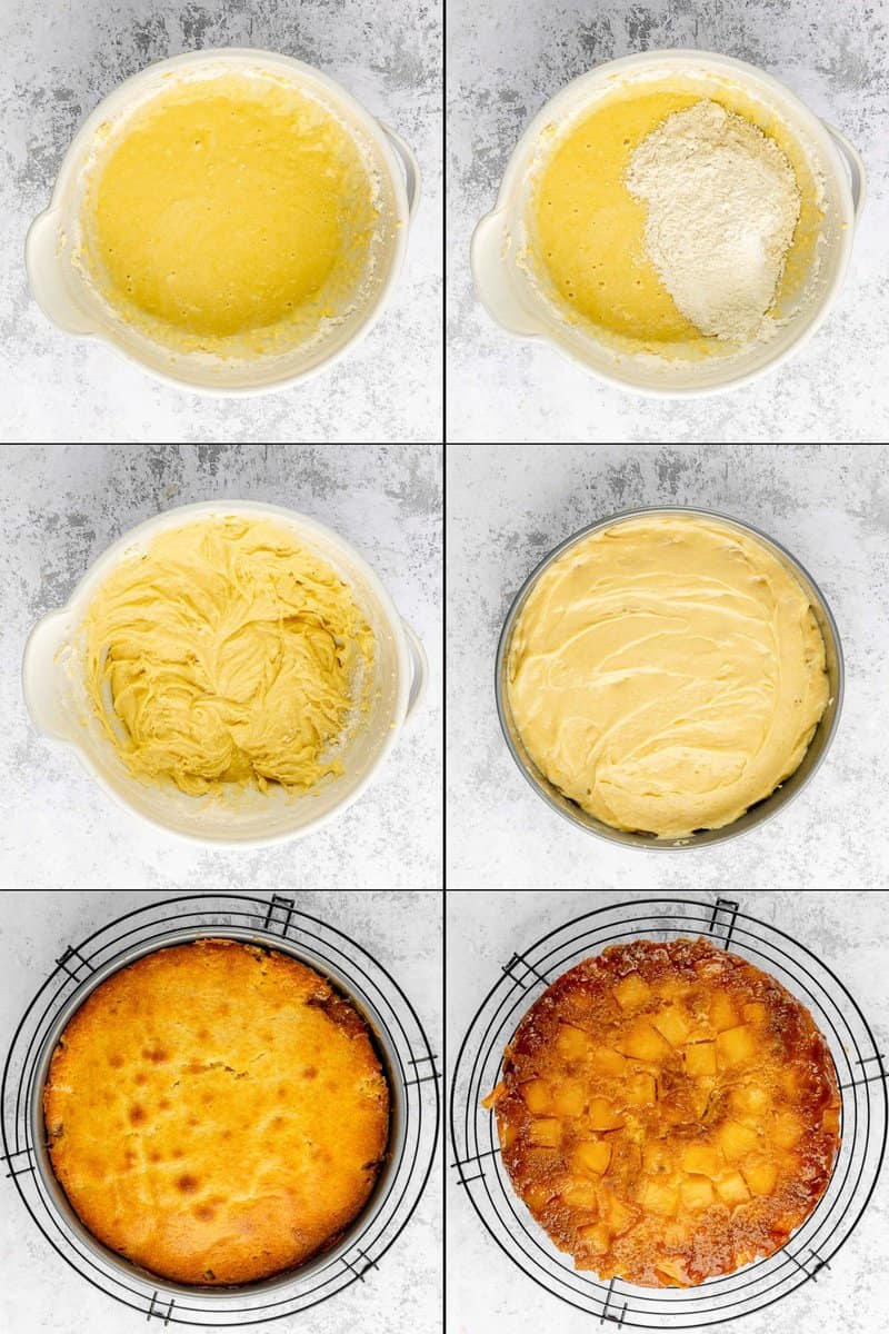 collage of pineapple upside down cake recipe steps 13 to 18.