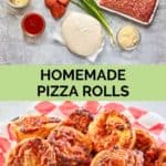 homemade pizza rolls ingredients and baked rolls in a basket.
