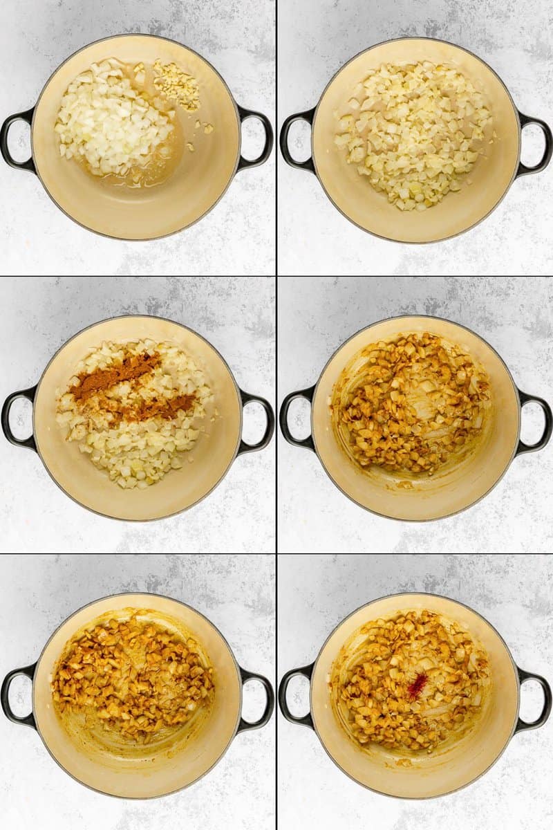 collage of pumpkin bisque recipe steps 1 to 6.