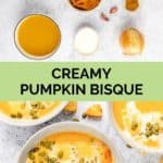 pumpkin bisque ingredients and the bisque in bowls.