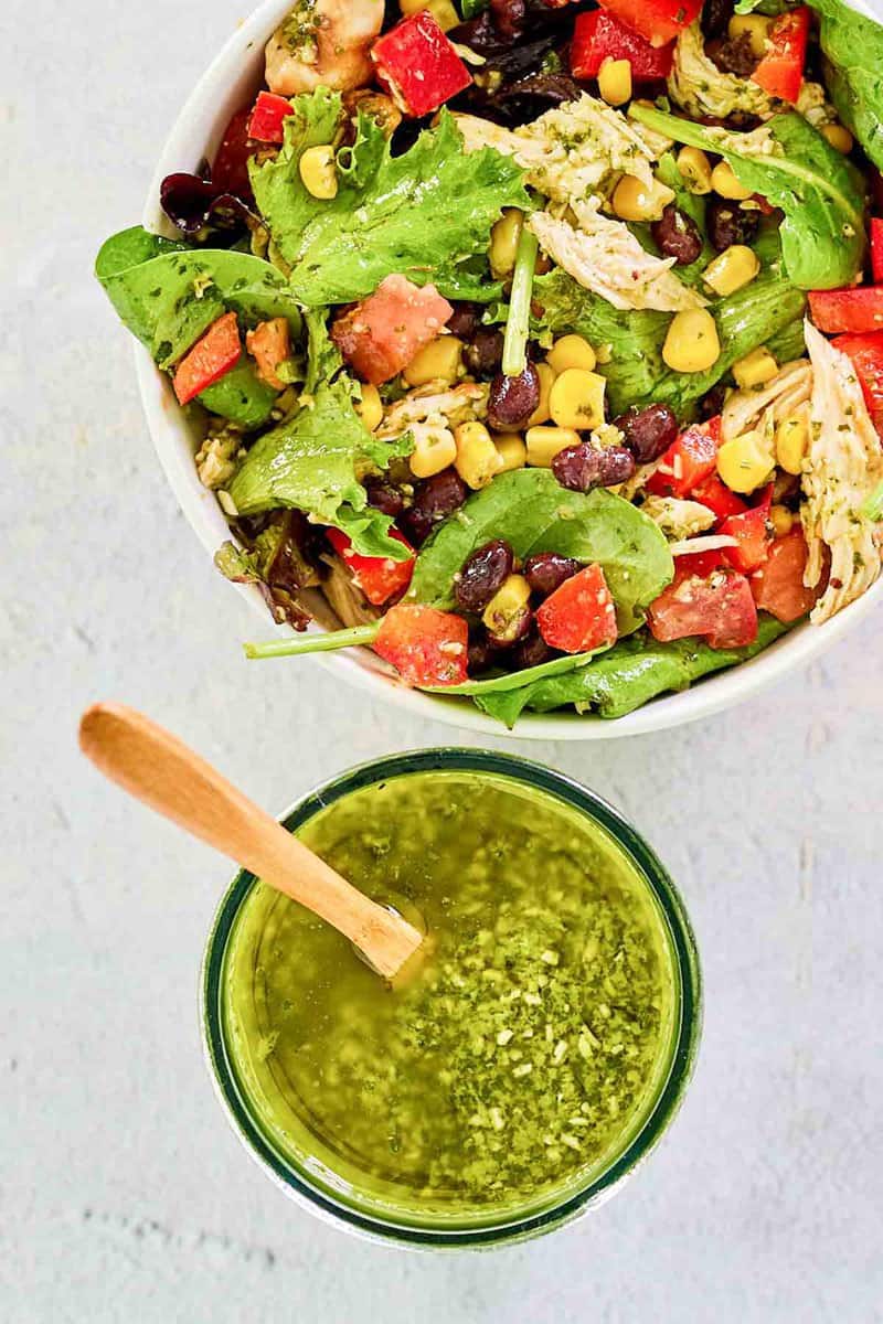 overhead view of copycat Cheesecake Factory Santa Fe dressing and salad.